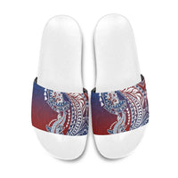 Hawaiian Manta Ray and Hammerhead Shark Tribal Tattoo Slide Sandals with Polynesian Tribal Pattern Hawaii Flag Color