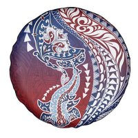 Hawaiian Manta Ray and Hammerhead Shark Tribal Tattoo Spare Tire Cover with Polynesian Tribal Pattern Hawaii Flag Color