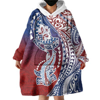 Hawaiian Manta Ray and Hammerhead Shark Tribal Tattoo Wearable Blanket Hoodie with Polynesian Tribal Pattern Hawaii Flag Color LT03 - Polynesian Pride