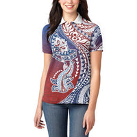 Hawaiian Manta Ray and Hammerhead Shark Tribal Tattoo Women Polo Shirt with Polynesian Tribal Pattern Hawaii Flag Color LT03 - Polynesian Pride