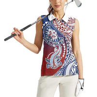 Hawaiian Manta Ray and Hammerhead Shark Tribal Tattoo Women Sleeveless Polo Shirt with Polynesian Tribal Pattern Hawaii Flag Color LT03 - Polynesian Pride