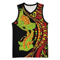 Hawaiian Manta Ray and Hammerhead Shark Tribal Tattoo Basketball Jersey with Polynesian Tribal Pattern Kanaka Maoli Flag Color LT03 Unisex Multicolor - Polynesian Pride