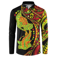 Hawaiian Manta Ray and Hammerhead Shark Tribal Tattoo Button Sweatshirt with Polynesian Tribal Pattern Kanaka Maoli Flag Color