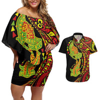 Hawaiian Manta Ray and Hammerhead Shark Tribal Tattoo Couples Matching Off Shoulder Short Dress and Hawaiian Shirt with Polynesian Tribal Pattern Kanaka Maoli Flag Color LT03 Multicolor - Polynesian Pride