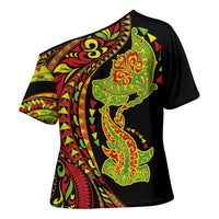 Hawaiian Manta Ray and Hammerhead Shark Tribal Tattoo Cross Shoulder Shirt with Polynesian Tribal Pattern Kanaka Maoli Flag Color LT03 - Polynesian Pride