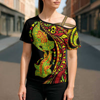 Hawaiian Manta Ray and Hammerhead Shark Tribal Tattoo Cross Shoulder Shirt with Polynesian Tribal Pattern Kanaka Maoli Flag Color LT03 - Polynesian Pride
