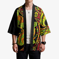 Hawaiian Manta Ray and Hammerhead Shark Tribal Tattoo Kimono with Polynesian Tribal Pattern Kanaka Maoli Flag Color