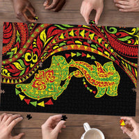 Hawaiian Manta Ray and Hammerhead Shark Tribal Tattoo Puzzle with Polynesian Tribal Pattern Kanaka Maoli Flag Color
