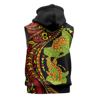 Hawaiian Manta Ray and Hammerhead Shark Tribal Tattoo Sleeveless Zip Hoodie with Polynesian Tribal Pattern Kanaka Maoli Flag Color LT03 - Polynesian Pride