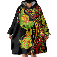 Hawaiian Manta Ray and Hammerhead Shark Tribal Tattoo Wearable Blanket Hoodie with Polynesian Tribal Pattern Kanaka Maoli Flag Color LT03 - Polynesian Pride
