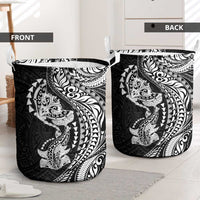 Hawaiian Manta Ray and Hammerhead Shark Tribal Tattoo Laundry Basket with Polynesian Tribal Pattern Black-White Color