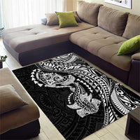 Hawaiian Manta Ray and Hammerhead Shark Tribal Tattoo Area Rug with Polynesian Tribal Pattern Black-White Color