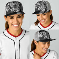 Hawaiian Manta Ray and Hammerhead Shark Tribal Tattoo Baseball Net Cap with Polynesian Tribal Pattern Black-White Color