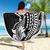 Hawaiian Manta Ray and Hammerhead Shark Tribal Tattoo Beach Blanket with Polynesian Tribal Pattern Black-White Color