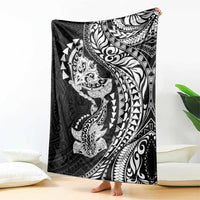 Hawaiian Manta Ray and Hammerhead Shark Tribal Tattoo Blanket with Polynesian Tribal Pattern Black-White Color