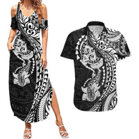 Hawaiian Manta Ray and Hammerhead Shark Tribal Tattoo Couples Matching Summer Maxi Dress and Hawaiian Shirt with Polynesian Tribal Pattern Black-White Color LT03 Multicolor - Polynesian Pride