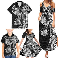 Hawaiian Manta Ray and Hammerhead Shark Tribal Tattoo Family Matching Summer Maxi Dress and Hawaiian Shirt with Polynesian Tribal Pattern Black-White Color LT03 - Polynesian Pride