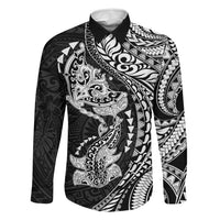 Hawaiian Manta Ray and Hammerhead Shark Tribal Tattoo Family Matching Tank Maxi Dress and Hawaiian Shirt with Polynesian Tribal Pattern Black-White Color LT03 Dad's Shirt - Long Sleeve Multicolor - Polynesian Pride