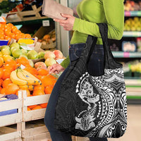 Hawaiian Manta Ray and Hammerhead Shark Tribal Tattoo Grocery Bag with Polynesian Tribal Pattern Black-White Color