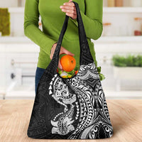 Hawaiian Manta Ray and Hammerhead Shark Tribal Tattoo Grocery Bag with Polynesian Tribal Pattern Black-White Color