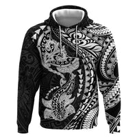 Hawaiian Manta Ray and Hammerhead Shark Tribal Tattoo Hoodie with Polynesian Tribal Pattern Black-White Color