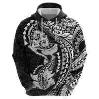 Hawaiian Manta Ray and Hammerhead Shark Tribal Tattoo Hoodie with Polynesian Tribal Pattern Black-White Color