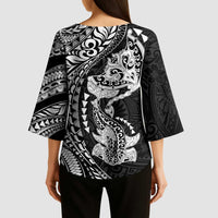 Hawaiian Manta Ray and Hammerhead Shark Tribal Tattoo Kimono Sleeve Blouse with Polynesian Tribal Pattern Black-White Color