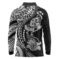Hawaiian Manta Ray and Hammerhead Shark Tribal Tattoo Long Sleeve Polo Shirt with Polynesian Tribal Pattern Black-White Color