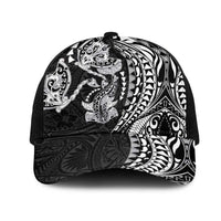 Hawaiian Manta Ray and Hammerhead Shark Tribal Tattoo Mesh Trucker Cap with Polynesian Tribal Pattern Black-White Color