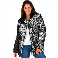 Hawaiian Manta Ray and Hammerhead Shark Tribal Tattoo Padded Jacket with Polynesian Tribal Pattern Black-White Color