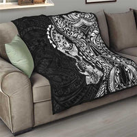 Hawaiian Manta Ray and Hammerhead Shark Tribal Tattoo Quilt with Polynesian Tribal Pattern Black-White Color