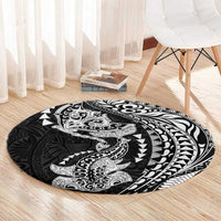 Hawaiian Manta Ray and Hammerhead Shark Tribal Tattoo Round Carpet with Polynesian Tribal Pattern Black-White Color