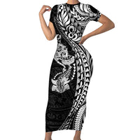 Hawaiian Manta Ray and Hammerhead Shark Tribal Tattoo Short Sleeve Bodycon Dress with Polynesian Tribal Pattern Black-White Color