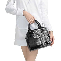 Hawaiian Manta Ray and Hammerhead Shark Tribal Tattoo Shoulder Handbag with Polynesian Tribal Pattern Black-White Color