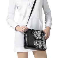 Hawaiian Manta Ray and Hammerhead Shark Tribal Tattoo Shoulder Handbag with Polynesian Tribal Pattern Black-White Color