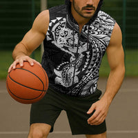 Hawaiian Manta Ray and Hammerhead Shark Tribal Tattoo Sleeveless Zip Hoodie with Polynesian Tribal Pattern Black-White Color