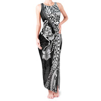 Hawaiian Manta Ray and Hammerhead Shark Tribal Tattoo Tank Maxi Dress with Polynesian Tribal Pattern Black-White Color