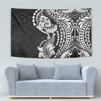 Hawaiian Manta Ray and Hammerhead Shark Tribal Tattoo Tapestry with Polynesian Tribal Pattern Black-White Color