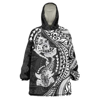 Hawaiian Manta Ray and Hammerhead Shark Tribal Tattoo Wearable Blanket Hoodie with Polynesian Tribal Pattern Black-White Color