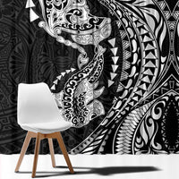 Hawaiian Manta Ray and Hammerhead Shark Tribal Tattoo Window Curtain with Polynesian Tribal Pattern Black-White Color