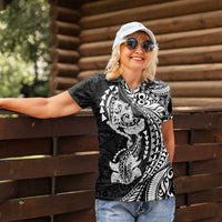 Hawaiian Manta Ray and Hammerhead Shark Tribal Tattoo Women Polo Shirt with Polynesian Tribal Pattern Black-White Color LT03 - Polynesian Pride