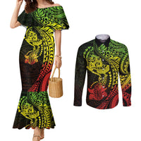 Hawaiian Manta Ray and Hammerhead Shark Tribal Tattoo Couples Matching Mermaid Dress and Long Sleeve Button Shirt with Polynesian Tribal Pattern Reggae Style LT03 Multicolor - Polynesian Pride