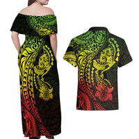 Hawaiian Manta Ray and Hammerhead Shark Tribal Tattoo Couples Matching Off Shoulder Maxi Dress and Hawaiian Shirt with Polynesian Tribal Pattern Reggae Style LT03 - Polynesian Pride