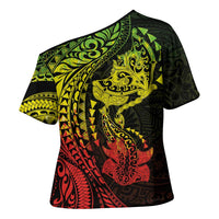 Hawaiian Manta Ray and Hammerhead Shark Tribal Tattoo Cross Shoulder Shirt with Polynesian Tribal Pattern Reggae Style