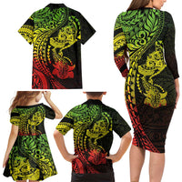 Hawaiian Manta Ray and Hammerhead Shark Tribal Tattoo Family Matching Long Sleeve Bodycon Dress and Hawaiian Shirt with Polynesian Tribal Pattern Reggae Style LT03 - Polynesian Pride