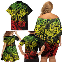 Hawaiian Manta Ray and Hammerhead Shark Tribal Tattoo Family Matching Off Shoulder Short Dress and Hawaiian Shirt with Polynesian Tribal Pattern Reggae Style LT03 - Polynesian Pride