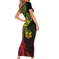 Hawaiian Manta Ray and Hammerhead Shark Tribal Tattoo Family Matching Short Sleeve Bodycon Dress and Hawaiian Shirt with Polynesian Tribal Pattern Reggae Style LT03 - Polynesian Pride