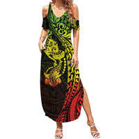Hawaiian Manta Ray and Hammerhead Shark Tribal Tattoo Family Matching Summer Maxi Dress and Hawaiian Shirt with Polynesian Tribal Pattern Reggae Style LT03 Mom's Dress Multicolor - Polynesian Pride