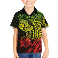 Hawaiian Manta Ray and Hammerhead Shark Tribal Tattoo Family Matching Summer Maxi Dress and Hawaiian Shirt with Polynesian Tribal Pattern Reggae Style LT03 Son's Shirt Multicolor - Polynesian Pride