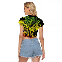 Hawaiian Manta Ray and Hammerhead Shark Tribal Tattoo Raglan Cropped T Shirt with Polynesian Tribal Pattern Reggae Style